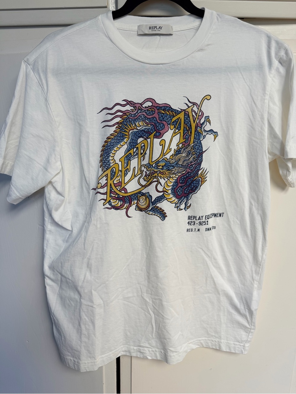 Replay White Tee with Multicolor Dragon and Bold Logo